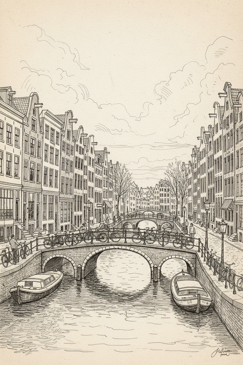 Amsterdam Cityscape B&W Sketch
