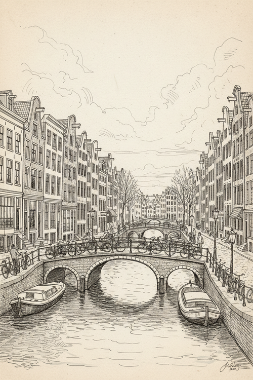 Amsterdam Cityscape B&W Sketch