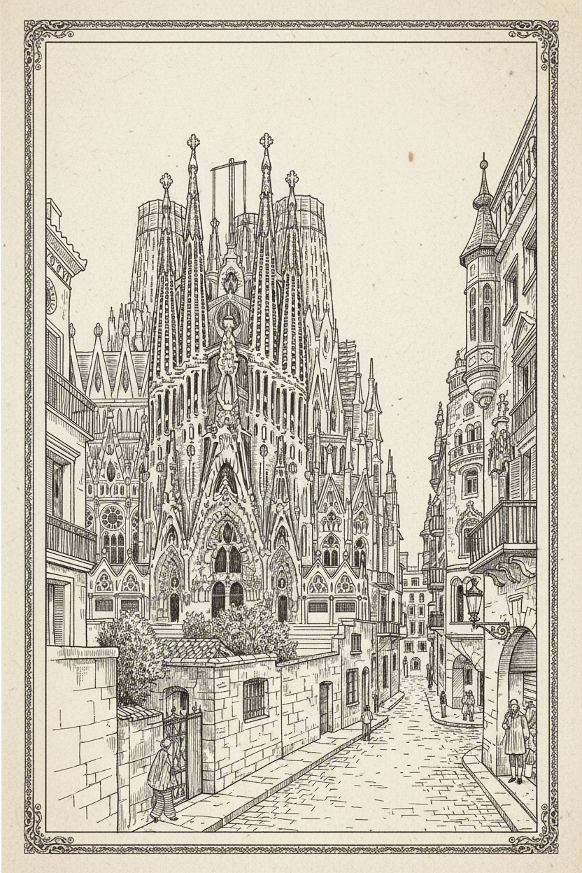 Barcelona Cityscape B&W Sketch
