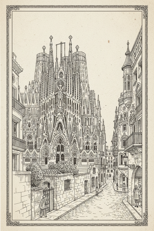 Barcelona Cityscape B&W Sketch