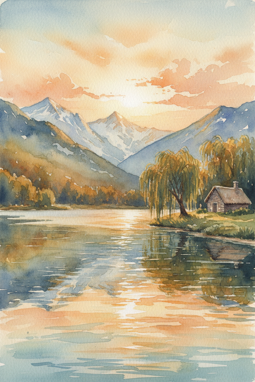 Lake View Watercolor Print - Golden Hour