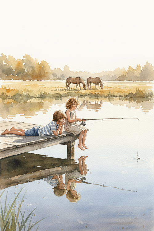 Two Kids Fishing - Fresh Composition