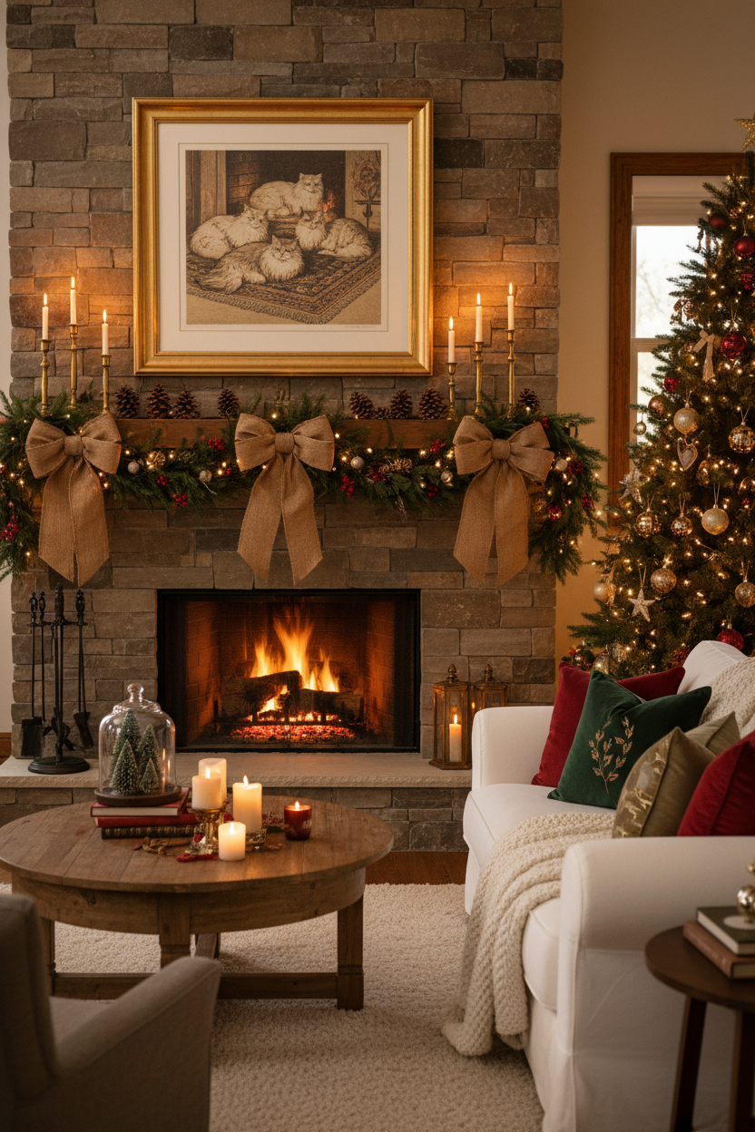 Vintage Christmas Fireside Cats — Printable Wall Art | Instant Download
