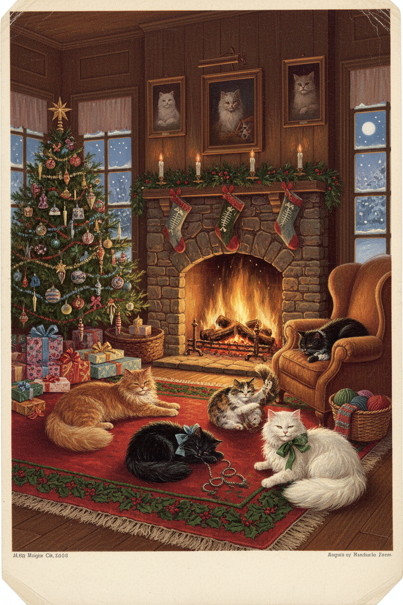 Vintage Christmas Fireside Cats