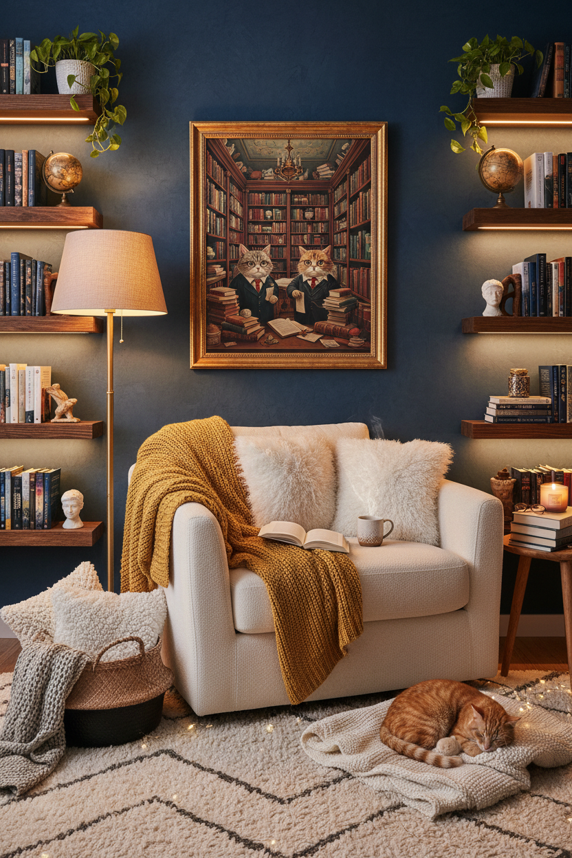 Vintage Library Nook Cats — Printable Wall Art | Instant Download