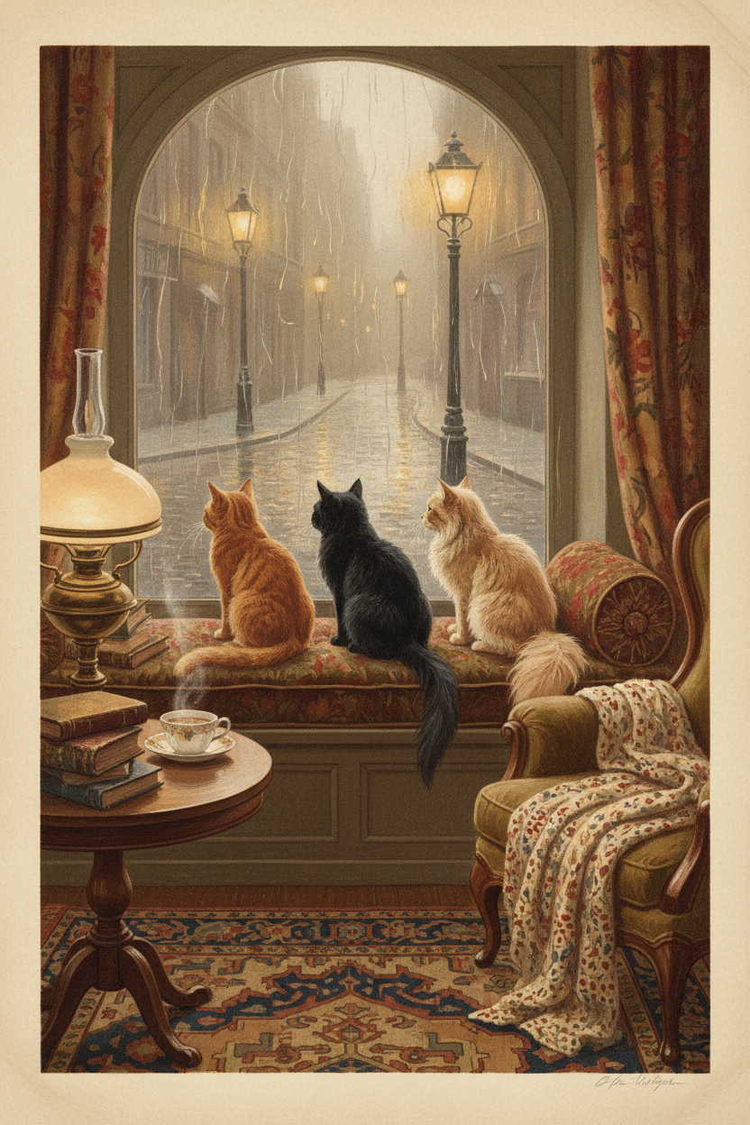 Vintage Rainy Day Window Cats